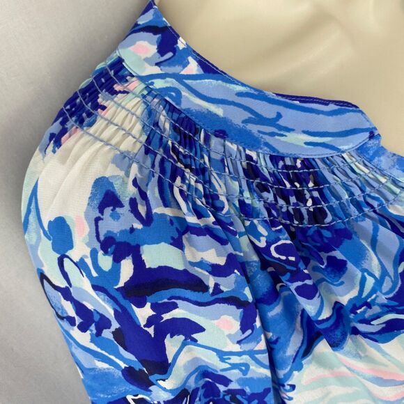 Lilly Pulitzer Top Womens Medium Silk Floral Blue Tang Flocking Fabulous NWOT - Picture 4 of 14